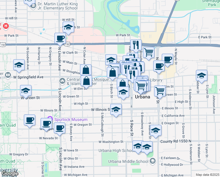 map of restaurants, bars, coffee shops, grocery stores, and more near 401 West Elm Street in Urbana