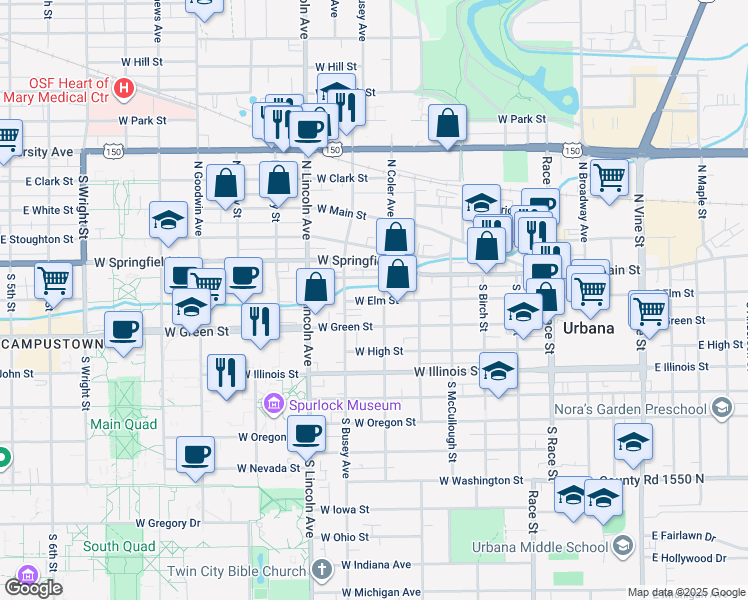 map of restaurants, bars, coffee shops, grocery stores, and more near 704 West Elm Street in Urbana