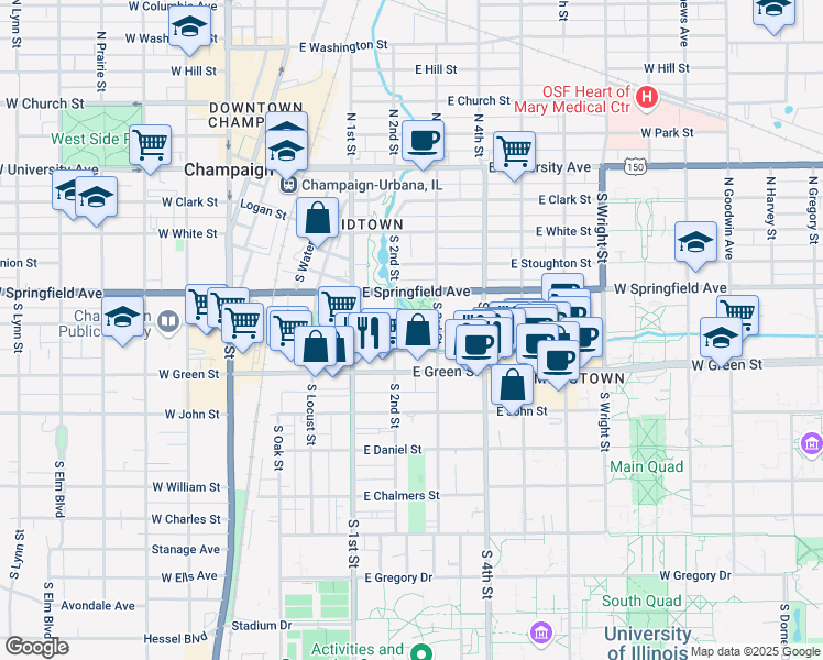 map of restaurants, bars, coffee shops, grocery stores, and more near 601 South 3rd Street in Champaign