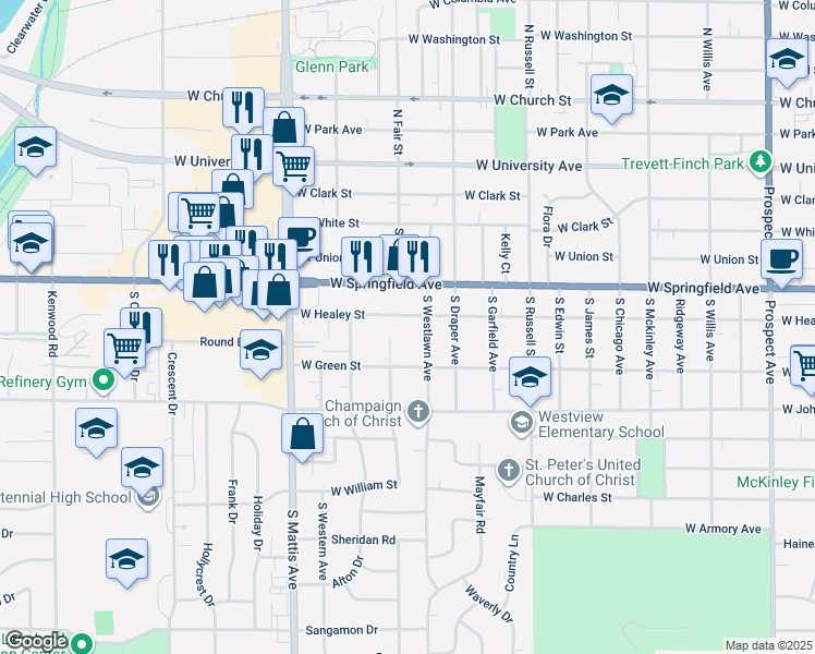 map of restaurants, bars, coffee shops, grocery stores, and more near 1517 West Healey Street in Champaign