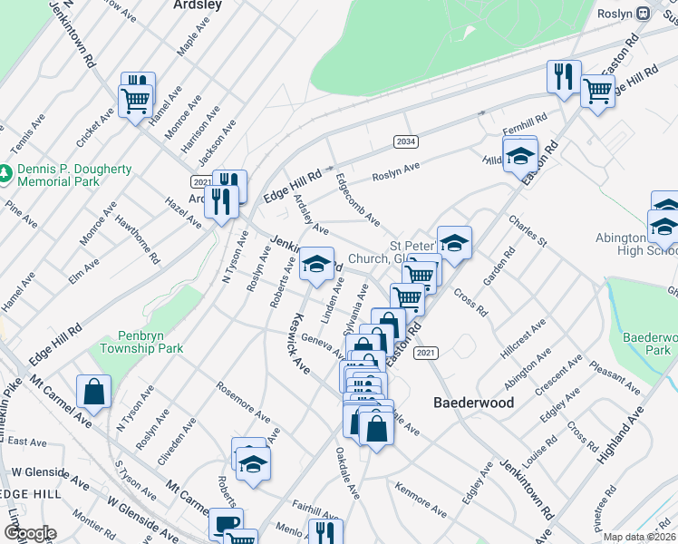 map of restaurants, bars, coffee shops, grocery stores, and more near 470 Linden Avenue in Glenside