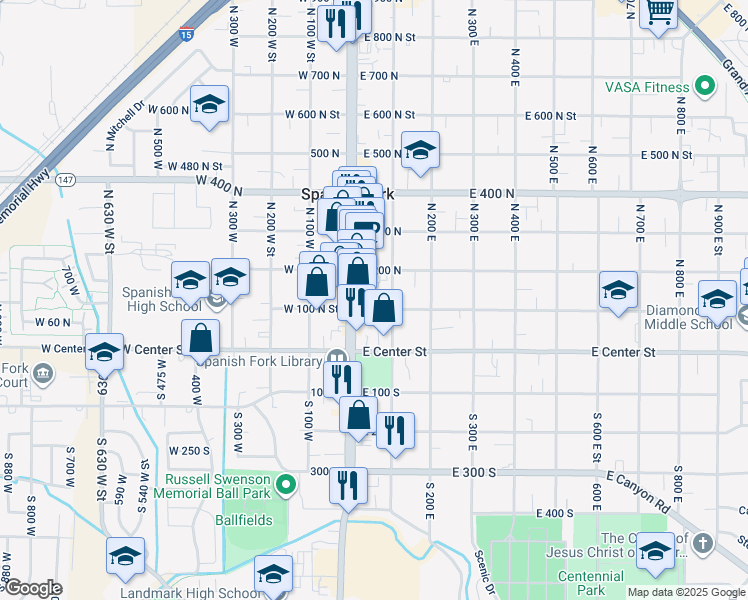 map of restaurants, bars, coffee shops, grocery stores, and more near 45 East 100 North in Spanish Fork