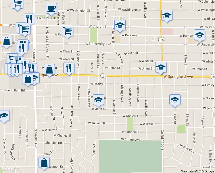 map of restaurants, bars, coffee shops, grocery stores, and more near 1209 W Healey St in Champaign