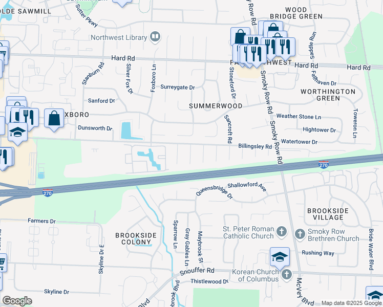 map of restaurants, bars, coffee shops, grocery stores, and more near 7594 Bingham Court in Columbus