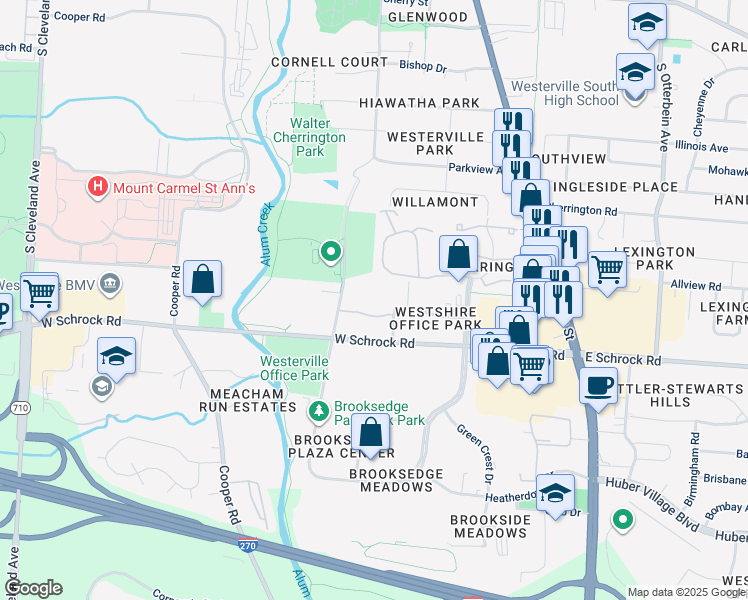 map of restaurants, bars, coffee shops, grocery stores, and more near 220 West Schrock Road in Westerville