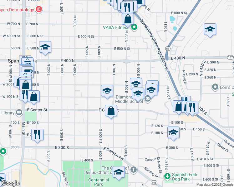 map of restaurants, bars, coffee shops, grocery stores, and more near 126 North 700 East in Spanish Fork