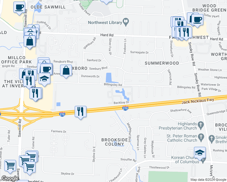 map of restaurants, bars, coffee shops, grocery stores, and more near 7430 Ballycastle Drive in Columbus