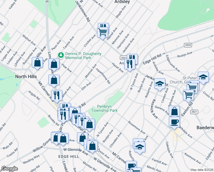 map of restaurants, bars, coffee shops, grocery stores, and more near 334 Edge Hill Rd in Glenside