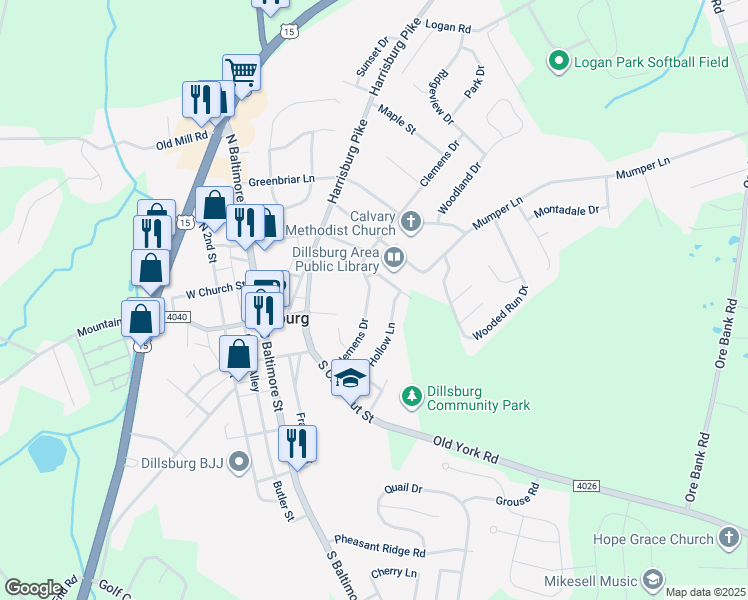 map of restaurants, bars, coffee shops, grocery stores, and more near 88 Clemens Drive in Dillsburg
