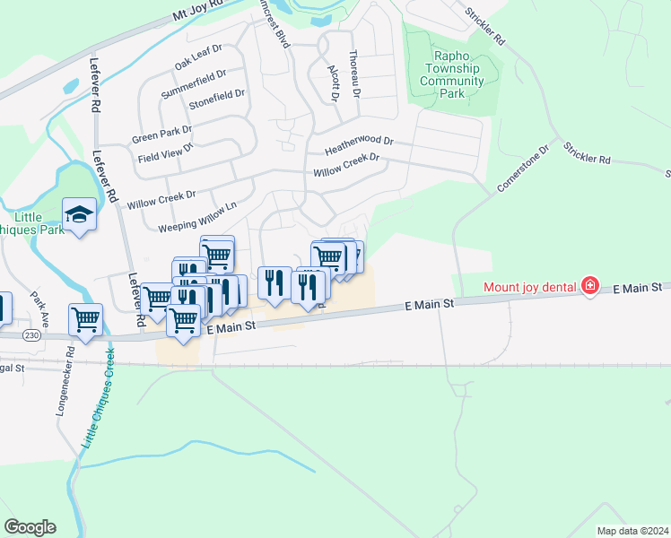 map of restaurants, bars, coffee shops, grocery stores, and more near 34 Lancaster Estates in Mount Joy