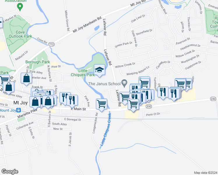 map of restaurants, bars, coffee shops, grocery stores, and more near 571 Staufer Court in Mount Joy