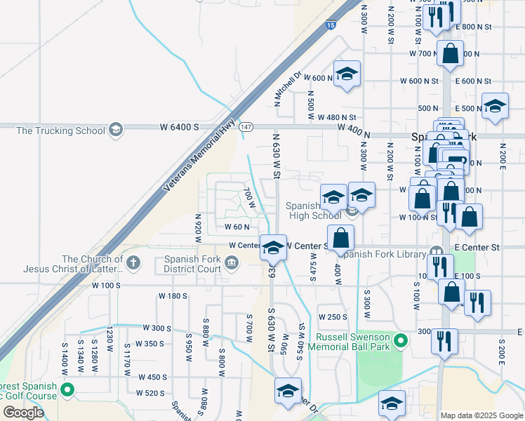 map of restaurants, bars, coffee shops, grocery stores, and more near 668 West 100 North Street in Spanish Fork