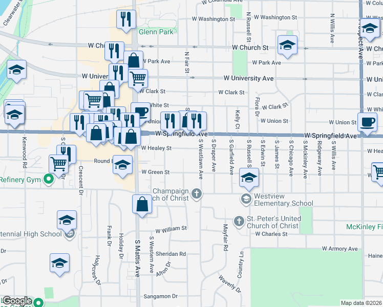 map of restaurants, bars, coffee shops, grocery stores, and more near 1517 West Healey Street in Champaign