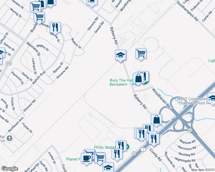 map of restaurants, bars, coffee shops, grocery stores, and more near 1900 Byberry Road in Philadelphia