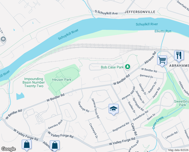 map of restaurants, bars, coffee shops, grocery stores, and more near 568 Susan Drive in King of Prussia