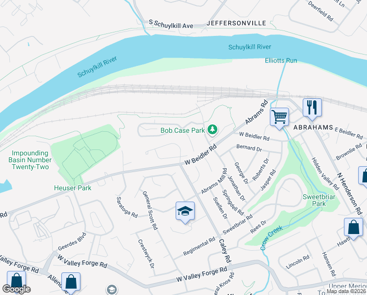 map of restaurants, bars, coffee shops, grocery stores, and more near 510 Susan Drive in King of Prussia