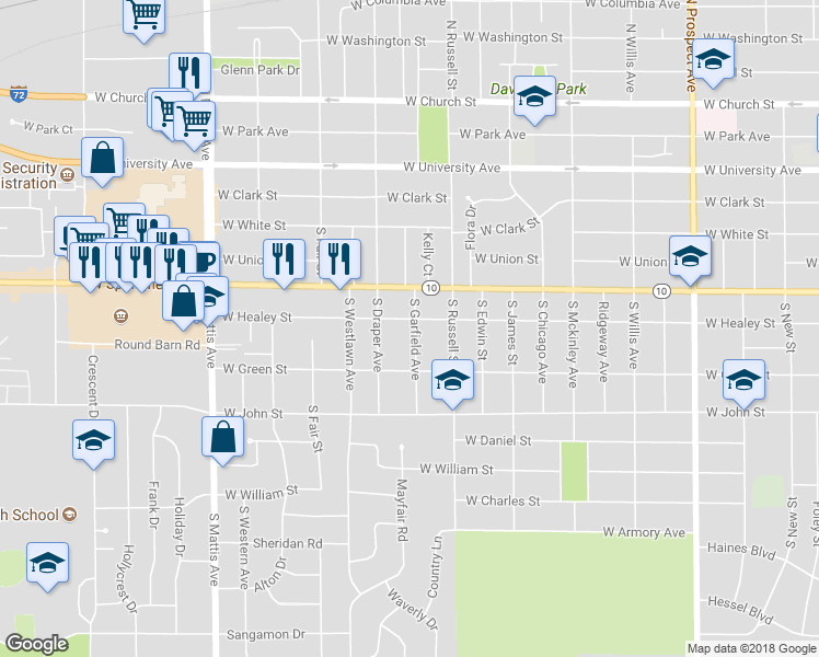 map of restaurants, bars, coffee shops, grocery stores, and more near 1401 W Healey St in Champaign