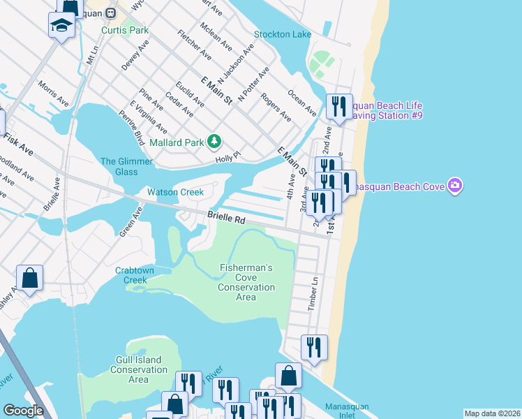 map of restaurants, bars, coffee shops, grocery stores, and more near 483 Long Avenue in Manasquan