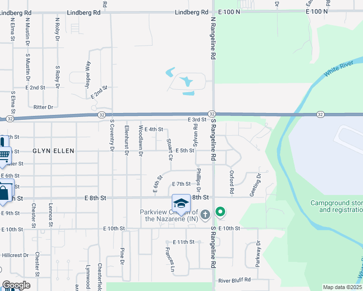 map of restaurants, bars, coffee shops, grocery stores, and more near 3116 East 5th Street in Anderson