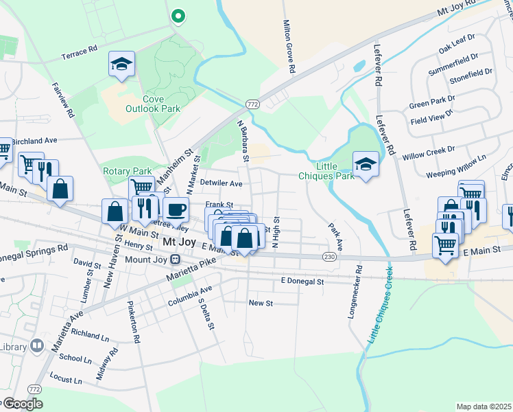 map of restaurants, bars, coffee shops, grocery stores, and more near 205 North Barbara Street in Mount Joy