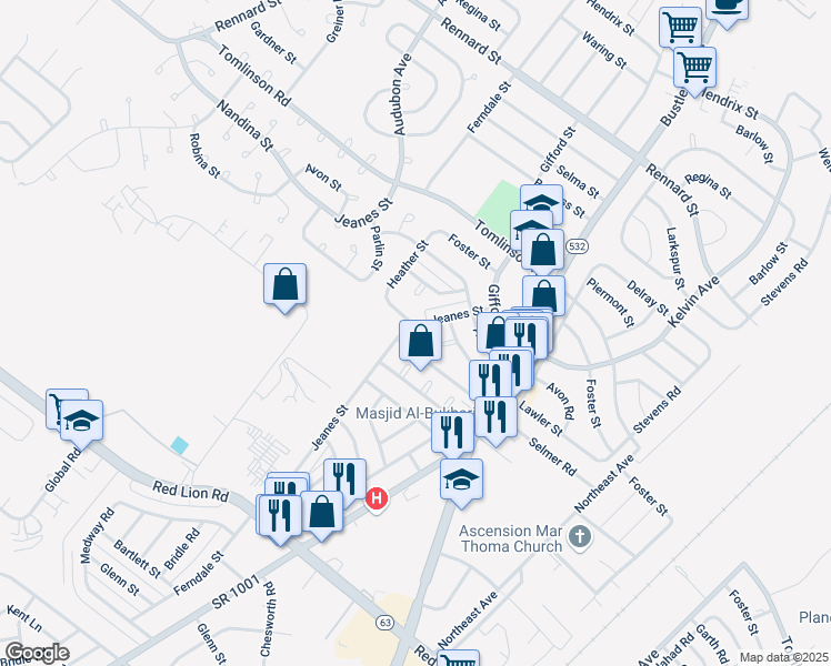 map of restaurants, bars, coffee shops, grocery stores, and more near 10747 Jeanes Street in Philadelphia