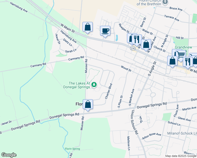 map of restaurants, bars, coffee shops, grocery stores, and more near 231 Lakeside Crossing in Mount Joy