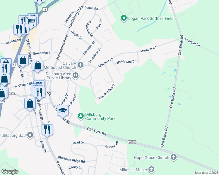 map of restaurants, bars, coffee shops, grocery stores, and more near 25 Wooded Run Drive in Dillsburg
