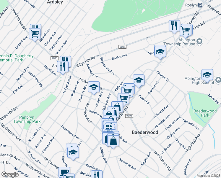 map of restaurants, bars, coffee shops, grocery stores, and more near 2405 Jenkintown Road in Glenside