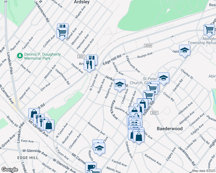 map of restaurants, bars, coffee shops, grocery stores, and more near 458 Roberts Avenue in Glenside