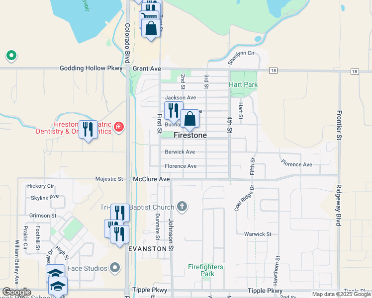 map of restaurants, bars, coffee shops, grocery stores, and more near 205 Berwick Avenue in Firestone