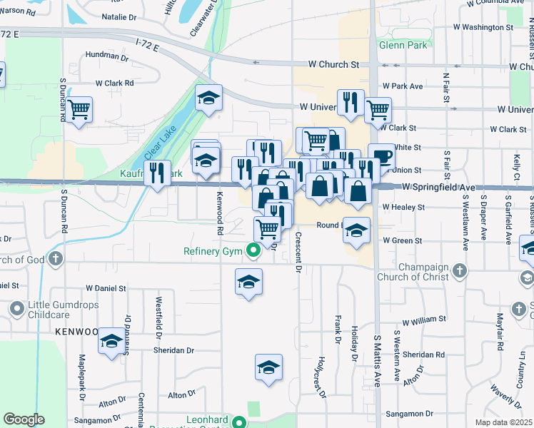 map of restaurants, bars, coffee shops, grocery stores, and more near 502 Kenwood Road in Champaign