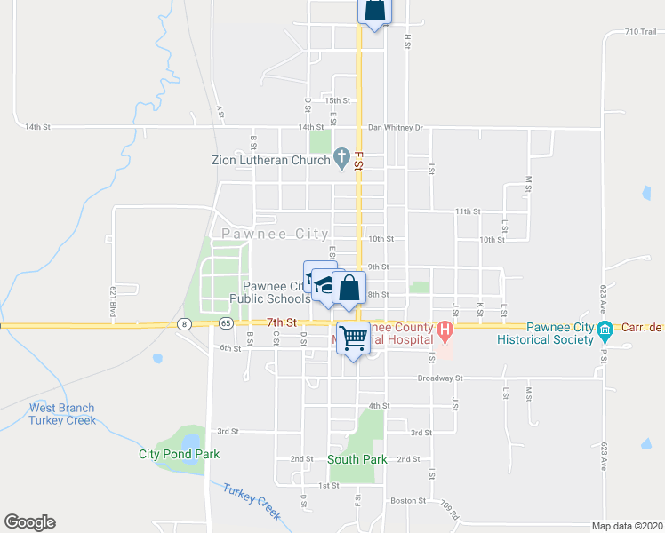 map of restaurants, bars, coffee shops, grocery stores, and more near 501 9th Street in Pawnee City