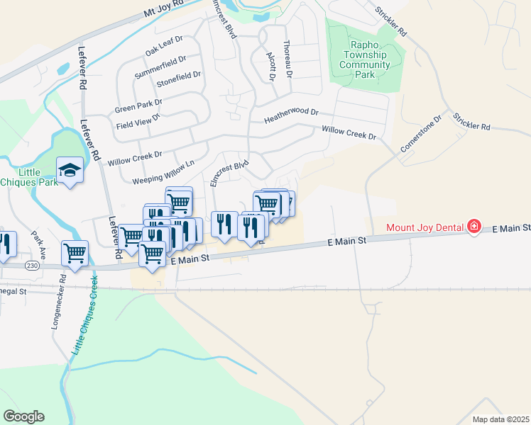 map of restaurants, bars, coffee shops, grocery stores, and more near 48 Lancaster Estate in Mount Joy