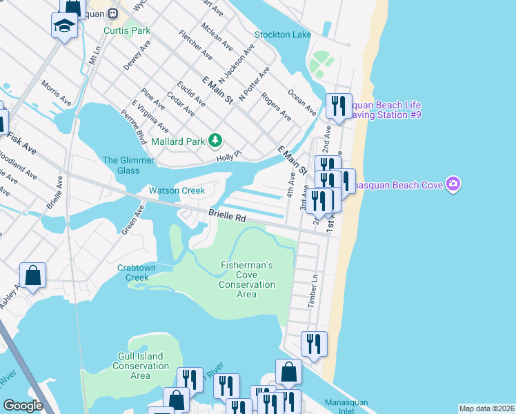 map of restaurants, bars, coffee shops, grocery stores, and more near 483 Long Avenue in Manasquan