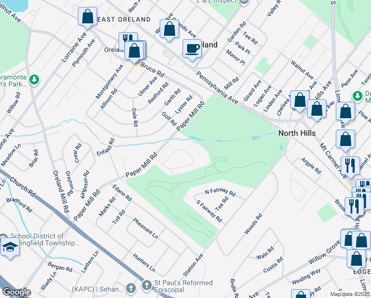 map of restaurants, bars, coffee shops, grocery stores, and more near 19 Red Oak Road in Oreland