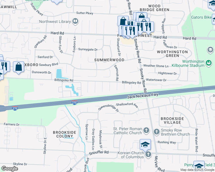 map of restaurants, bars, coffee shops, grocery stores, and more near 7591 Tyjon Circle in Columbus