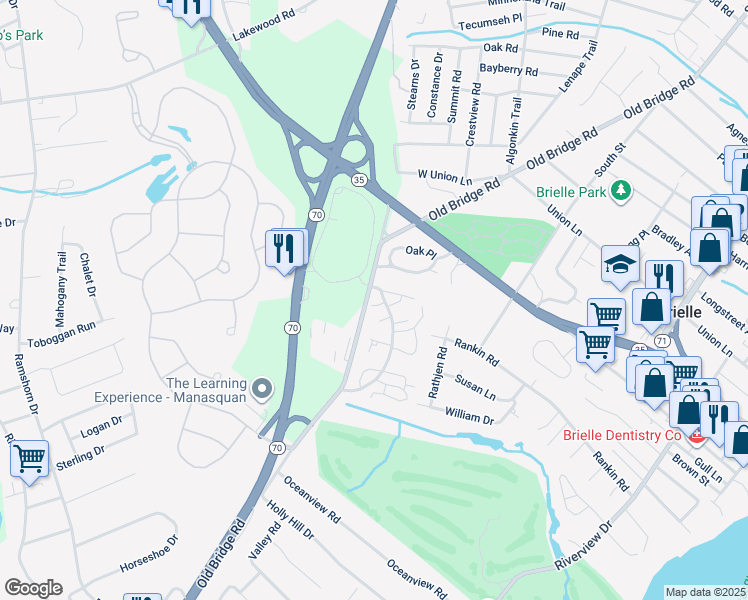 map of restaurants, bars, coffee shops, grocery stores, and more near 47 Mountain Laurel Lane in Brielle