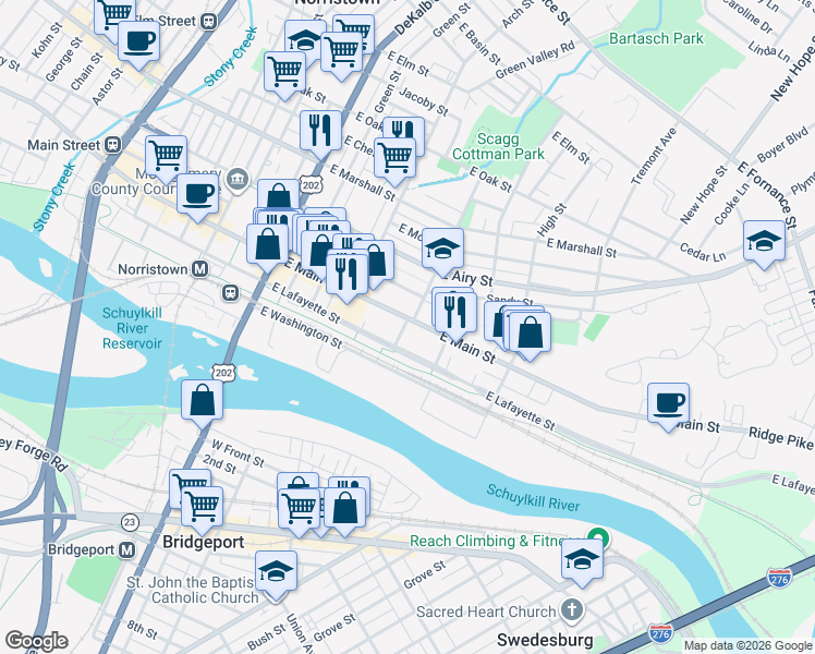 map of restaurants, bars, coffee shops, grocery stores, and more near 400 East Main Street in Norristown