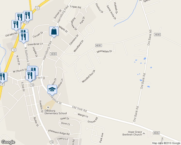 map of restaurants, bars, coffee shops, grocery stores, and more near 25 Wooded Run Drive in Dillsburg