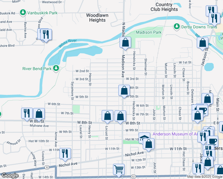 map of restaurants, bars, coffee shops, grocery stores, and more near 1111 West 4th Street in Anderson