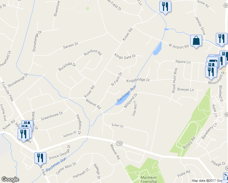 map of restaurants, bars, coffee shops, grocery stores, and more near 30 Brookside Court in Lititz