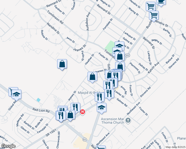 map of restaurants, bars, coffee shops, grocery stores, and more near 10753 Jeanes Street in Philadelphia
