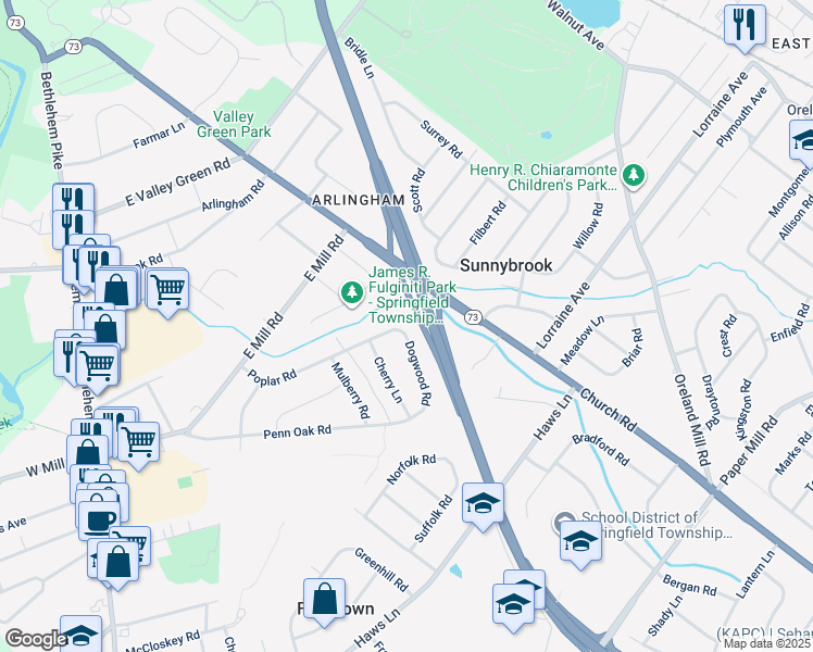 map of restaurants, bars, coffee shops, grocery stores, and more near 1624 Dogwood Road in Flourtown