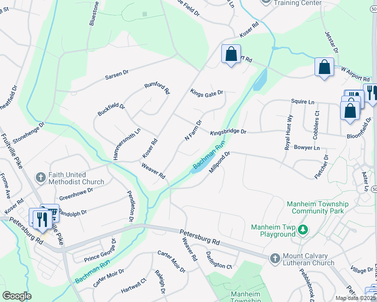 map of restaurants, bars, coffee shops, grocery stores, and more near 30 Brookside Court in Lititz