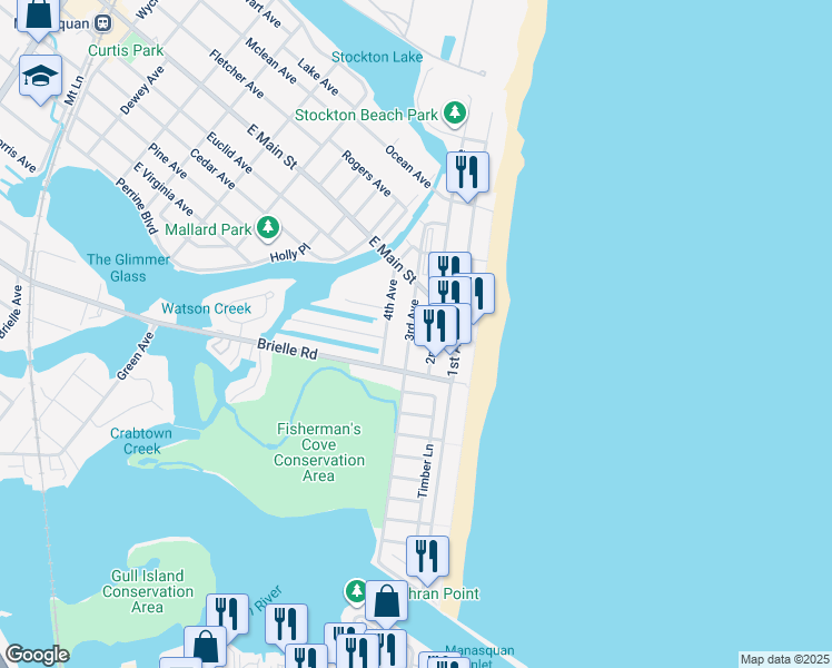 map of restaurants, bars, coffee shops, grocery stores, and more near 212 3rd Avenue in Manasquan