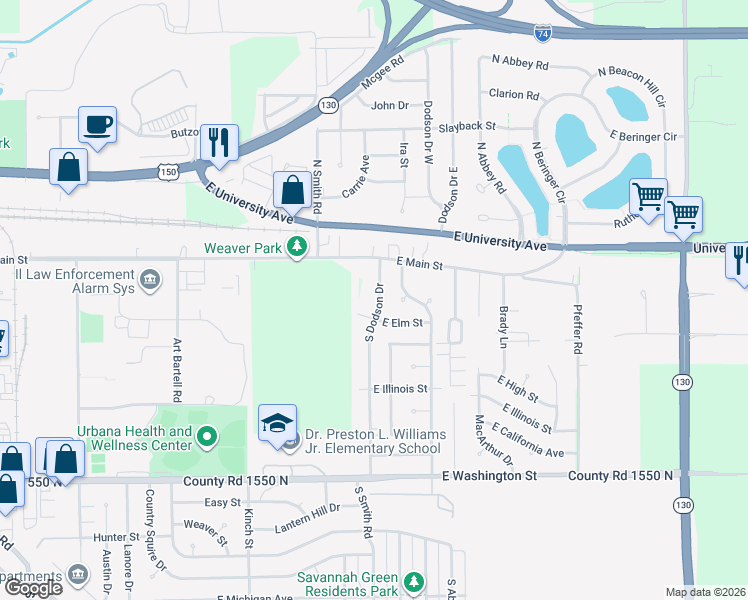 map of restaurants, bars, coffee shops, grocery stores, and more near 115 South Dodson Drive in Urbana