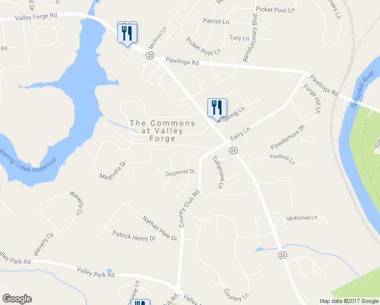 map of restaurants, bars, coffee shops, grocery stores, and more near 45 Hawthorne Lane in Phoenixville