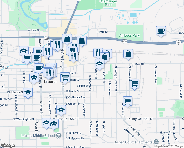 map of restaurants, bars, coffee shops, grocery stores, and more near 703 East Elm Street in Urbana