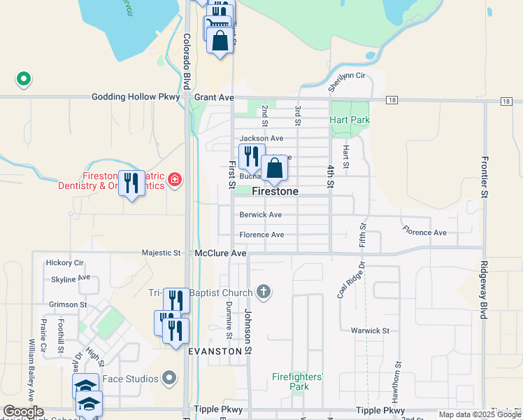 map of restaurants, bars, coffee shops, grocery stores, and more near 205 Berwick Avenue in Firestone