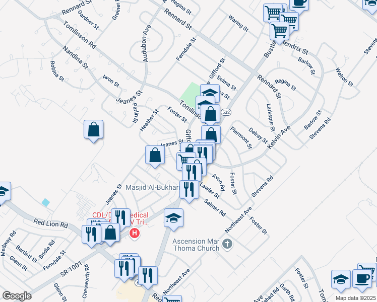 map of restaurants, bars, coffee shops, grocery stores, and more near 621 Avon Road in Philadelphia